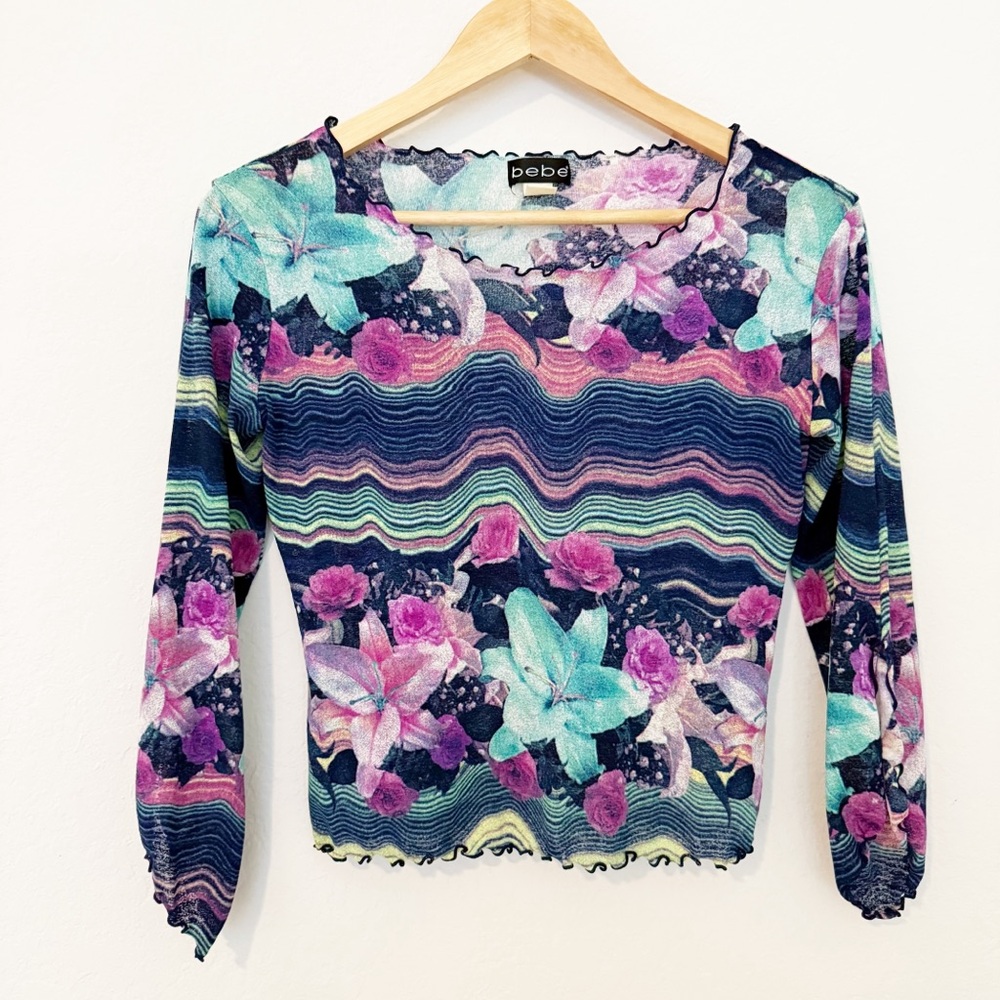 Bebe Vintage Floral Multicolor Raver Sheer Crop Top Small